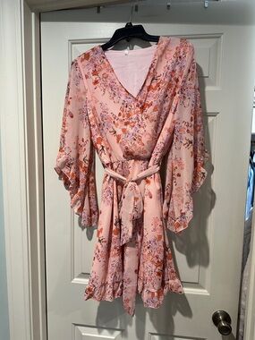 Pink Floral Lined Wrap Dress with Tie Waist NWOT Never worn